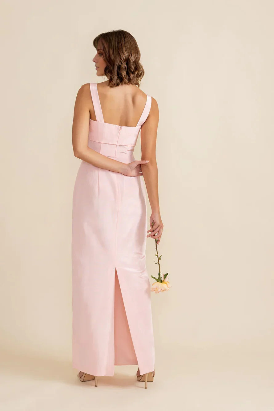Blush Pink Satin Bow Bust Wide Strap Column Maxi Homecoming Dress