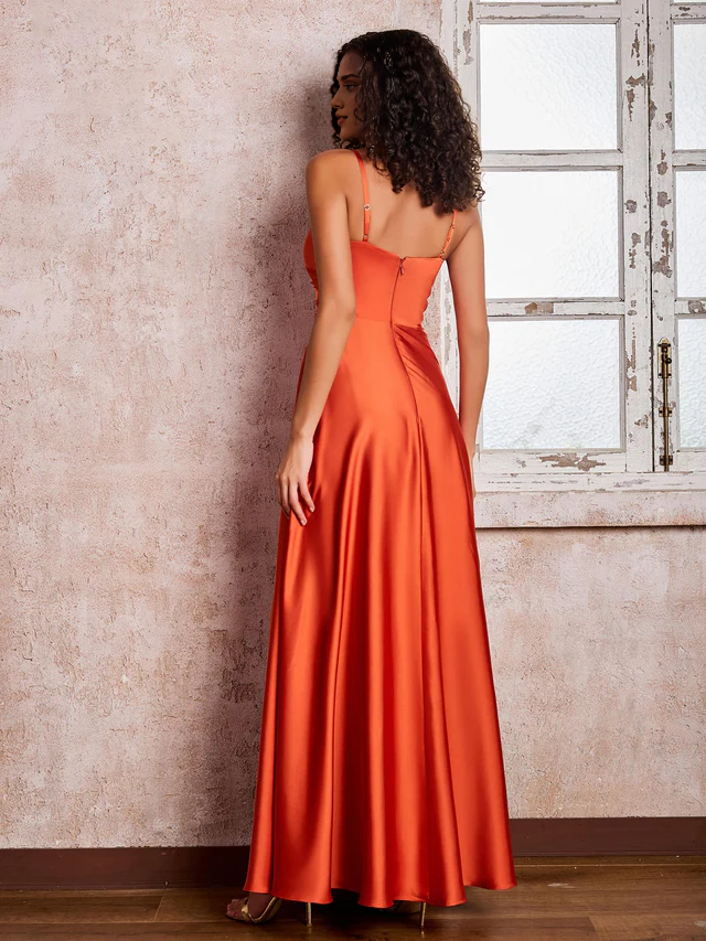 A-Line V-Neck Satin High Slit Floor-Length Wedding Dress - Chloe Dress