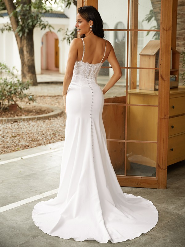 Sheath V-Neck Lace Sleeveless Train Wedding Dress - Chloe Dress