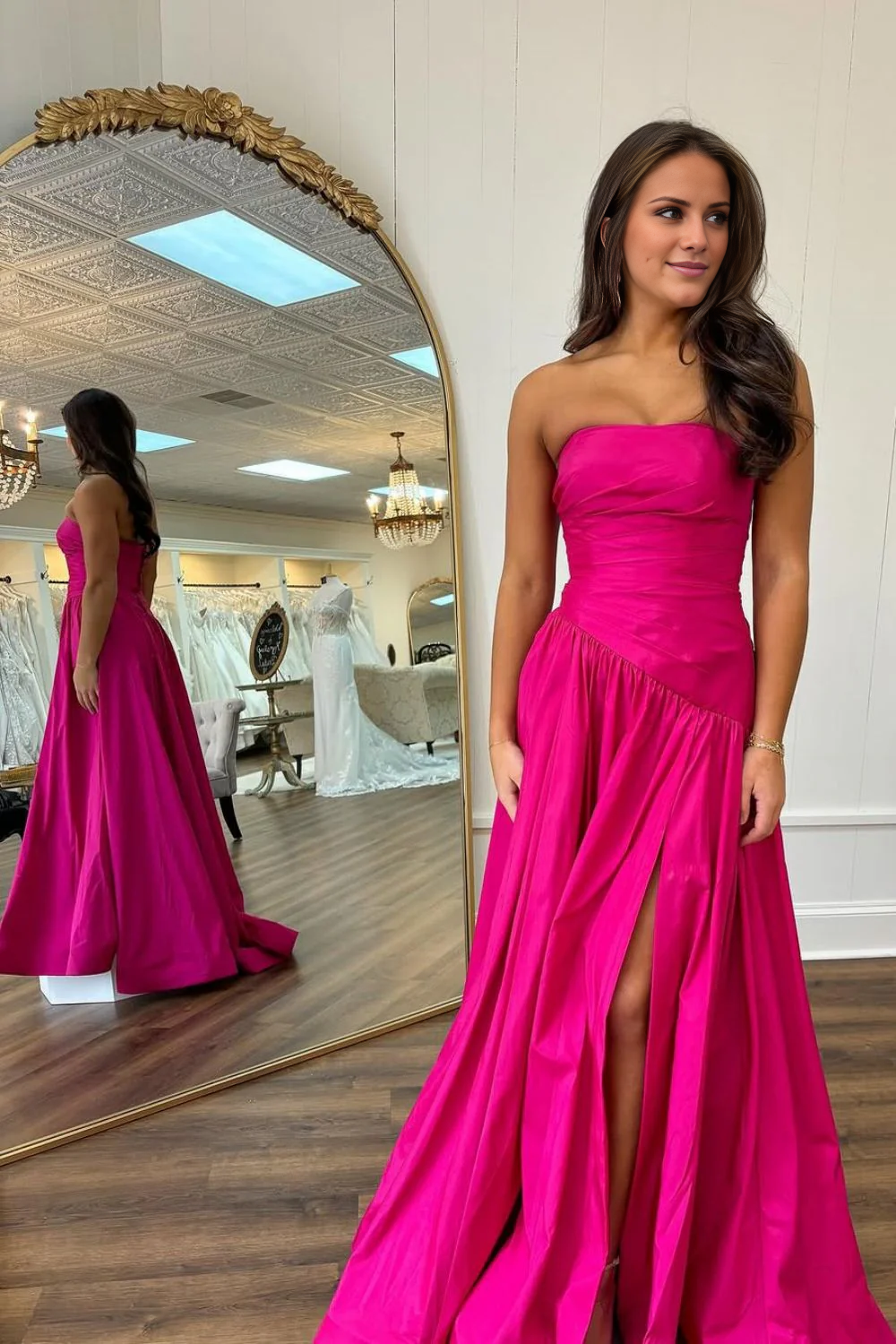 Pink A-Line Off-Shoulder Satin High Slit Mini Prom Dress - Chloe Dress
