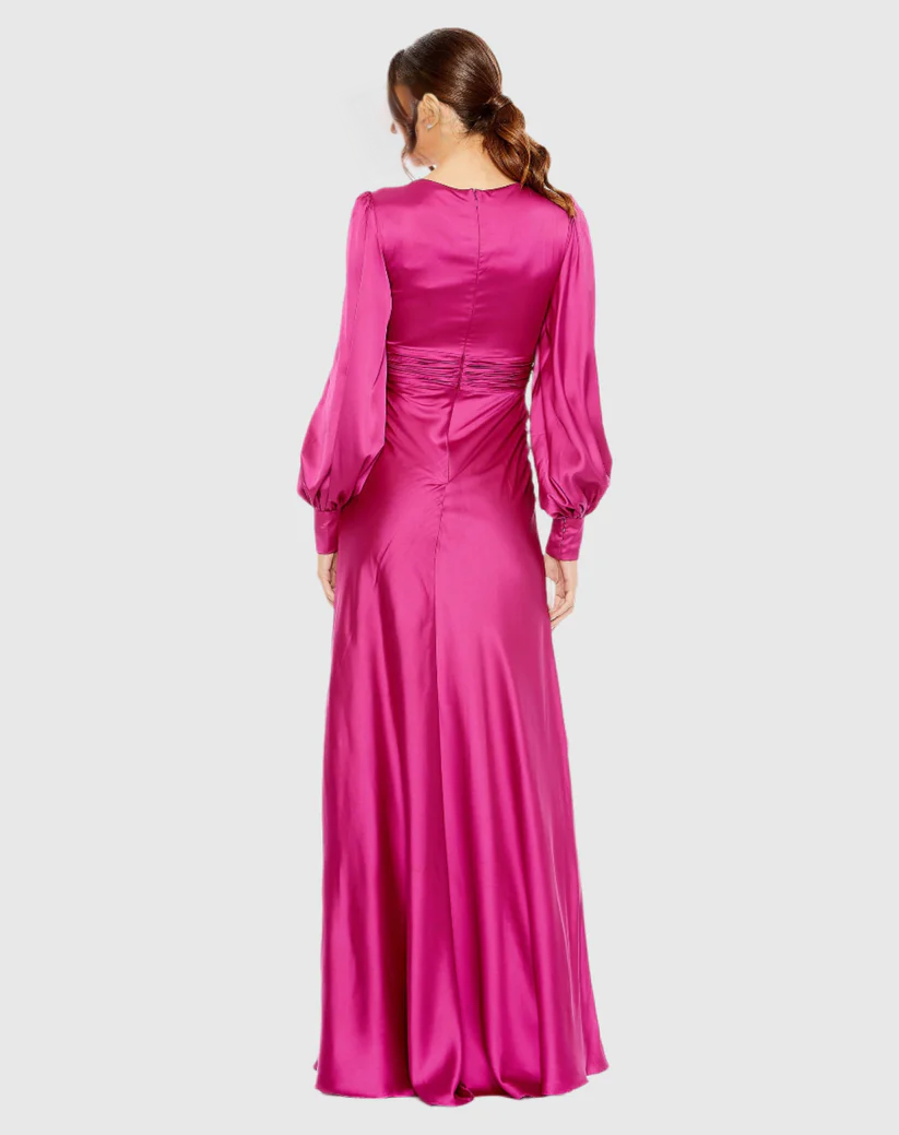 V-Neck Satin Long Sleeve Floor-Length Evening Dress - Chloe Dress