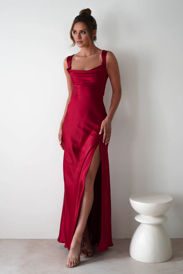 Square Neck Satin Sleeveless Lace-Up Back High Slit Floor-Length Prom Dress - Chloe Dress