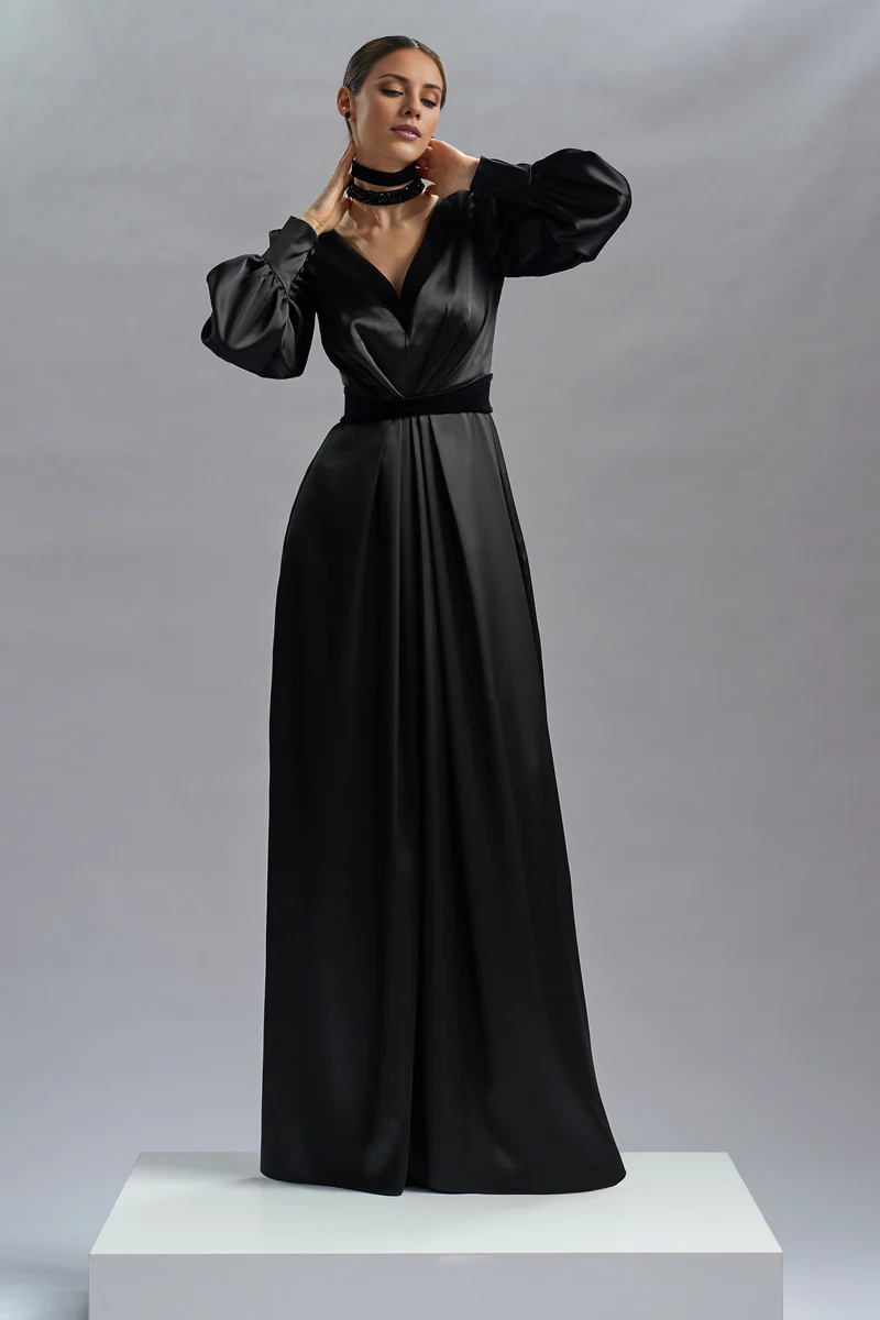 V-Neck Satin Long Sleeve Floor-Length Evening Gown - Chloe Dress