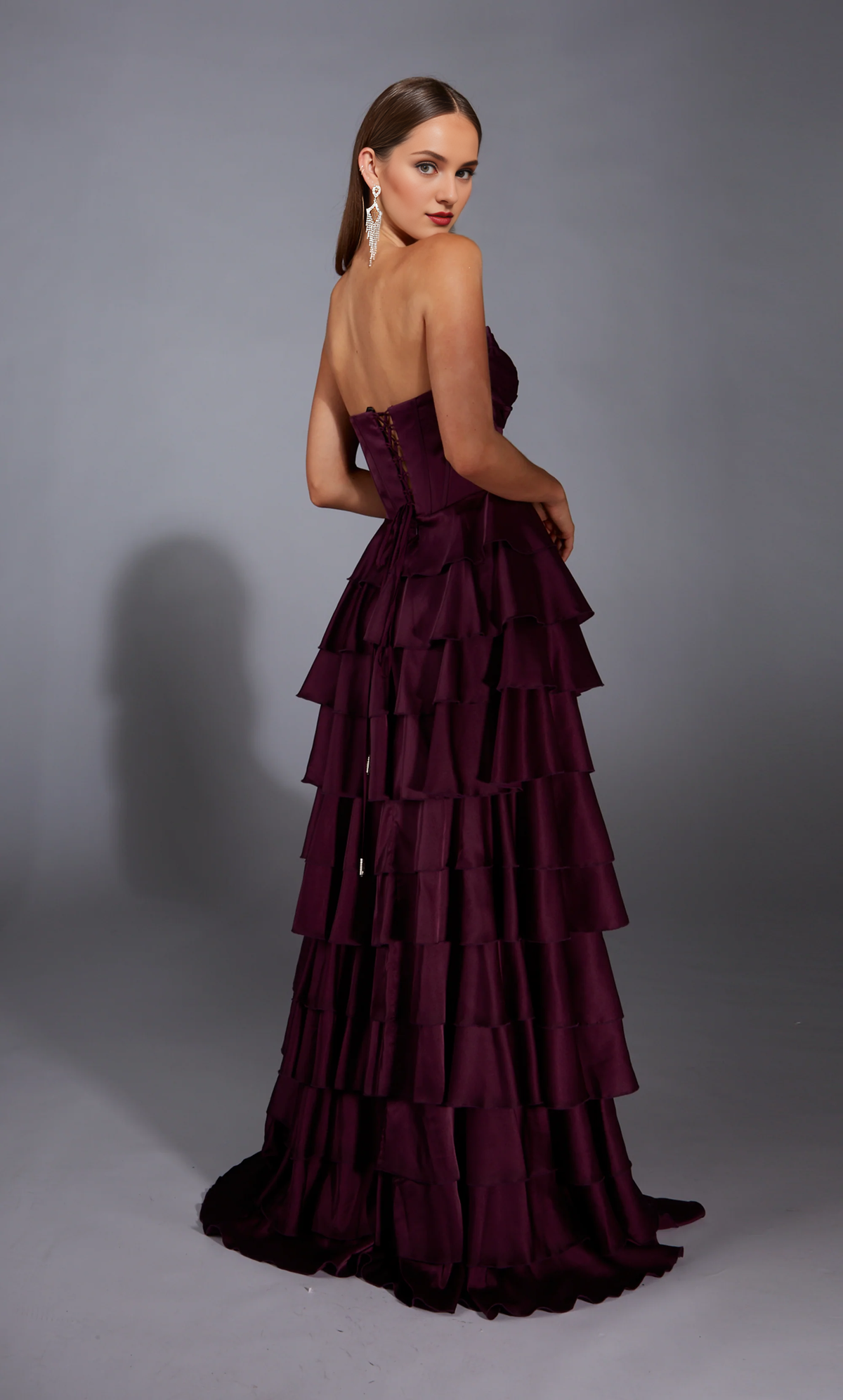 A-Line V-Neck Satin Lace-Up Back High Slit Evening Gown - Chloe Dress