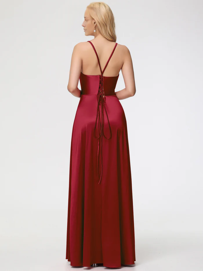 V-Neck Satin Lace-Up Back High Slit Prom Dress - Chloe Dress