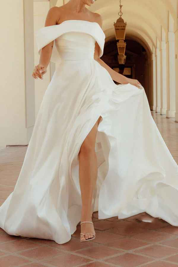 Off-Shoulder Satin High Slit Wedding Dress - Chloe Dress