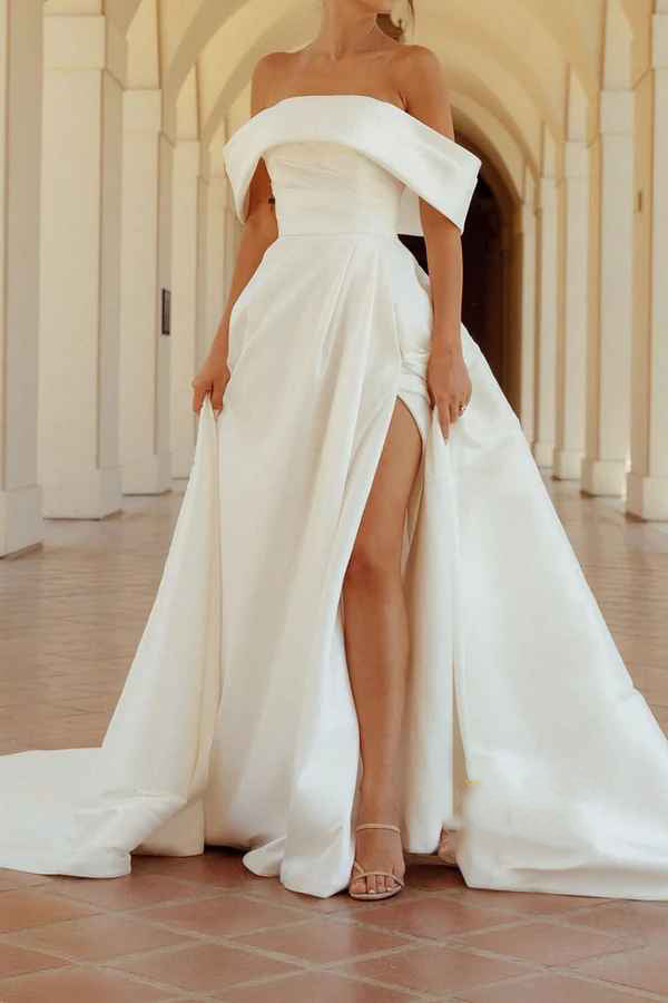 Off-Shoulder Satin High Slit Wedding Dress - Chloe Dress