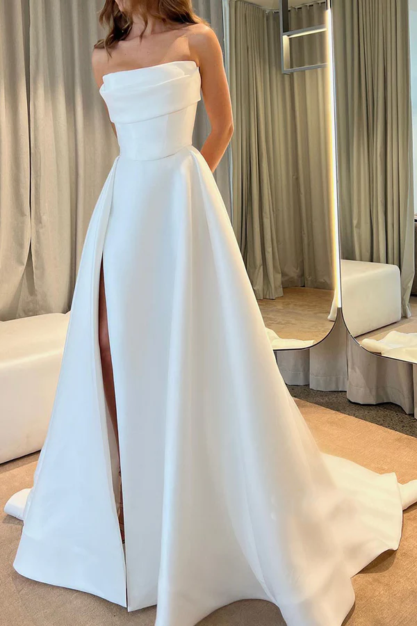 A-Line Strapless Satin High Slit Wedding Dress - Chloe Dress