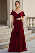 Burgundy Off‑The‑Shoulder A‑Line Chiffon Mother of the Bride Dress