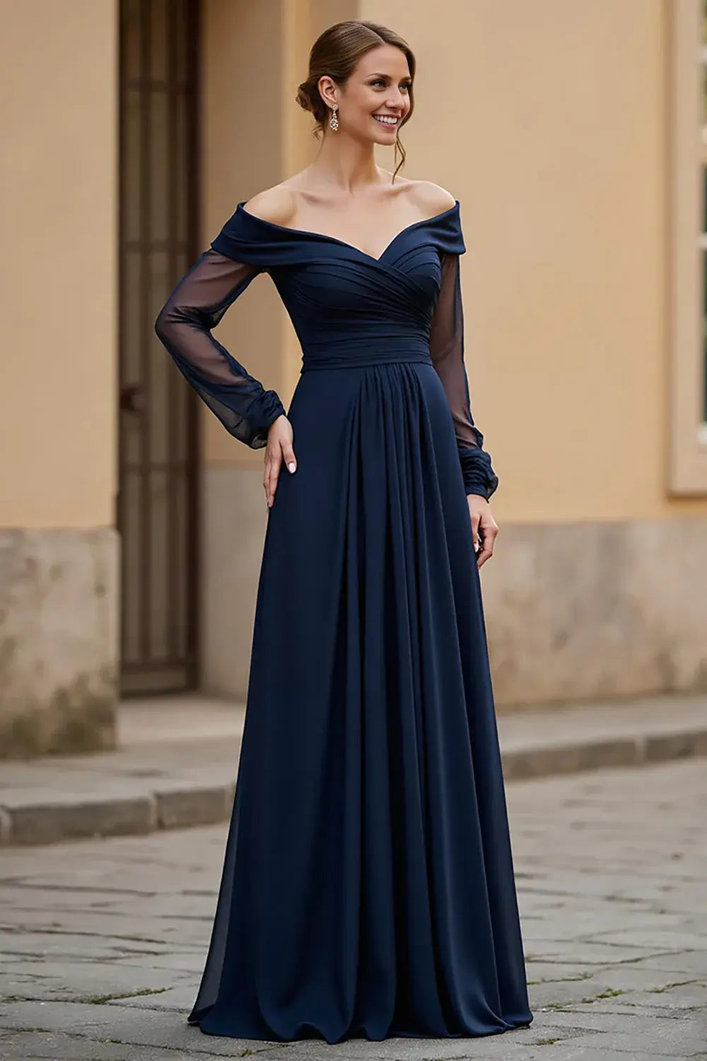 Navy Off‑The‑Shoulder Long Sleeve Chiffon Mother of the Bride Dress