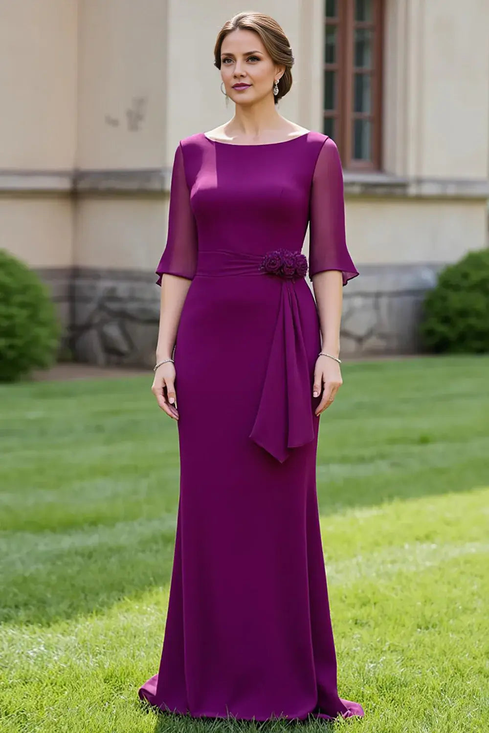 Plum Mermaid Chiffon Mother of the Bride Dress With Floral Sash
