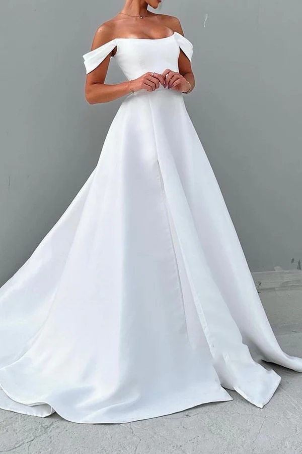 A-Line Off-Shoulder Satin Train Wedding Dress - Chloe Dress