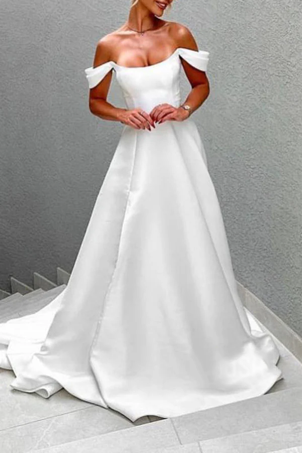 A-Line Off-Shoulder Satin Train Wedding Dress - Chloe Dress