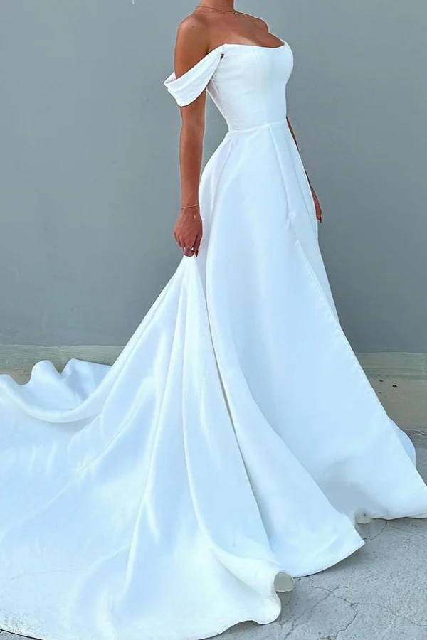 A-Line Off-Shoulder Satin Train Wedding Dress - Chloe Dress