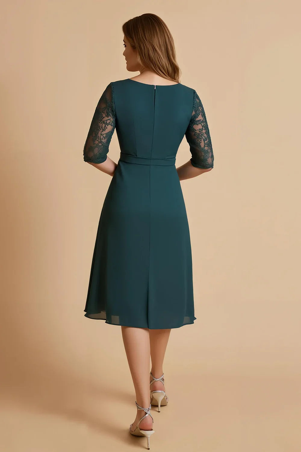Teal V‑Neck Lace Elbow Sleeve Knee‑Length Mother of the Bride Dress