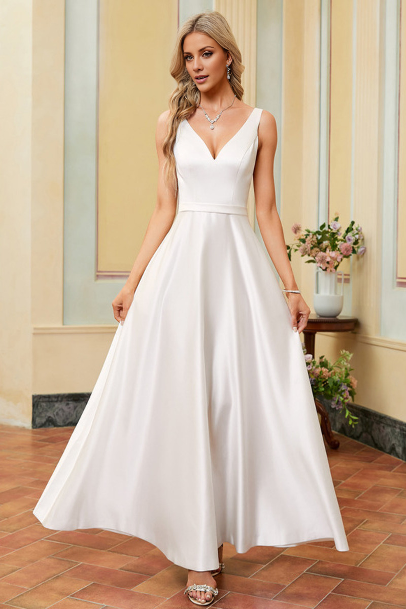 A-Line V-Neck Satin Sleeveless Floor-Length Wedding Dress - Chloe Dress