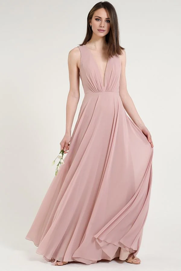 V-Neck Sleeveless Backless Pleated Floor-Length Evening Dress - Chloe Dress