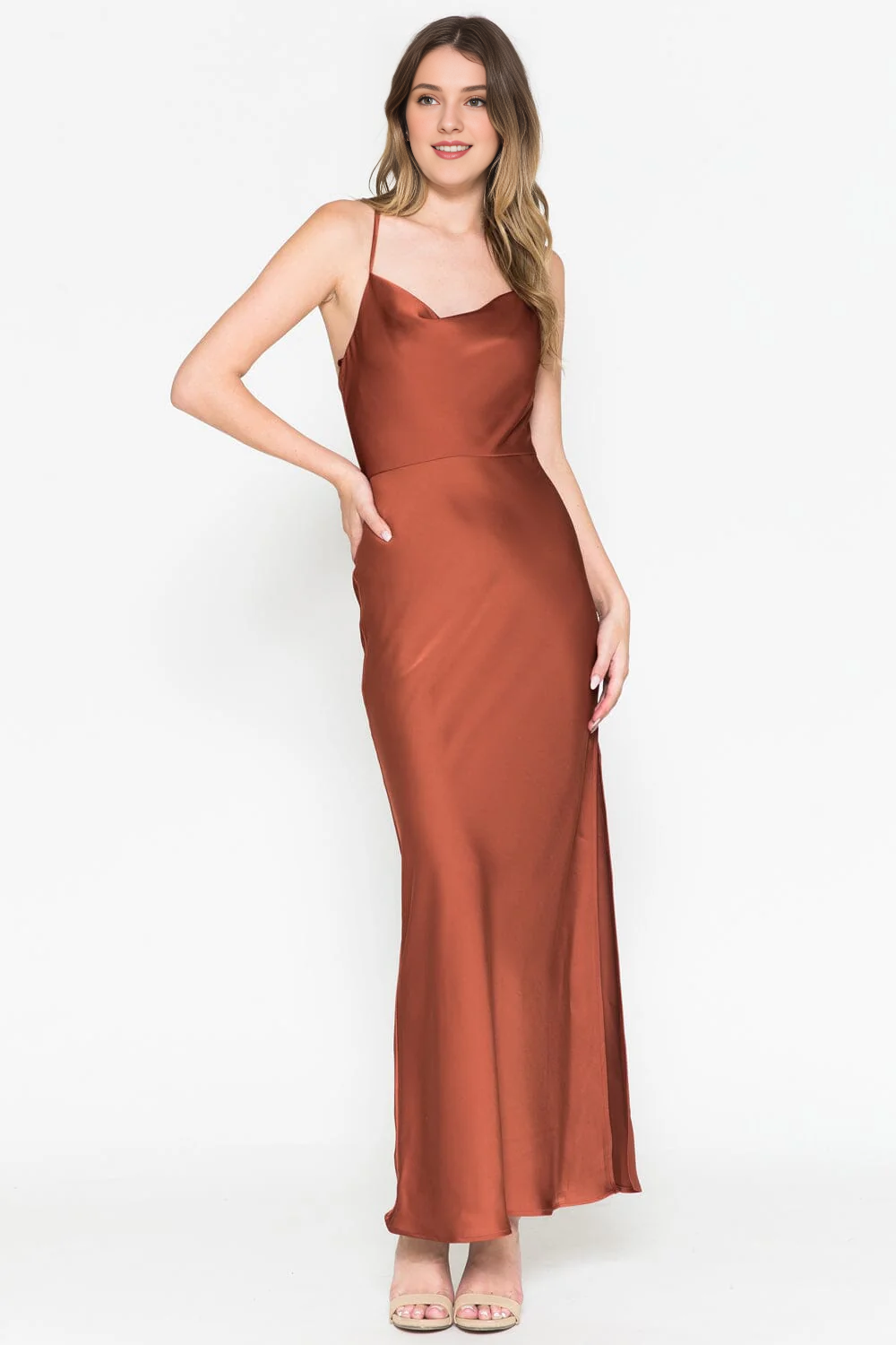 High Neck Satin Long Sleeve High Slit Dress - Chloe Dress