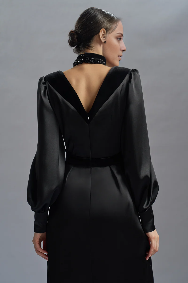 V-Neck Satin Long Sleeve Floor-Length Evening Gown - Chloe Dress