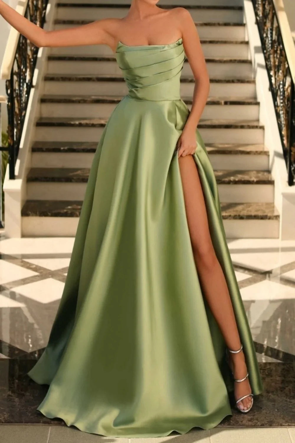 Sage Green A-Line Off-Shoulder Satin High Slit Prom Dress - Chloe Dress