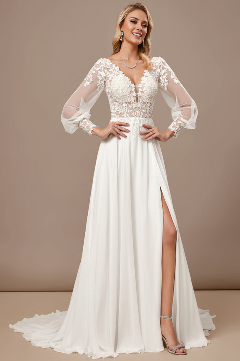A-Line V-Neck Chiffon Long Sleeve Wedding Dress - Chloe Dress