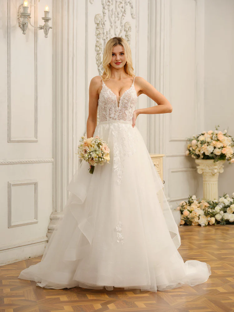 V-Neck Sleeveless Applique Wedding Dress - Chloe Dress