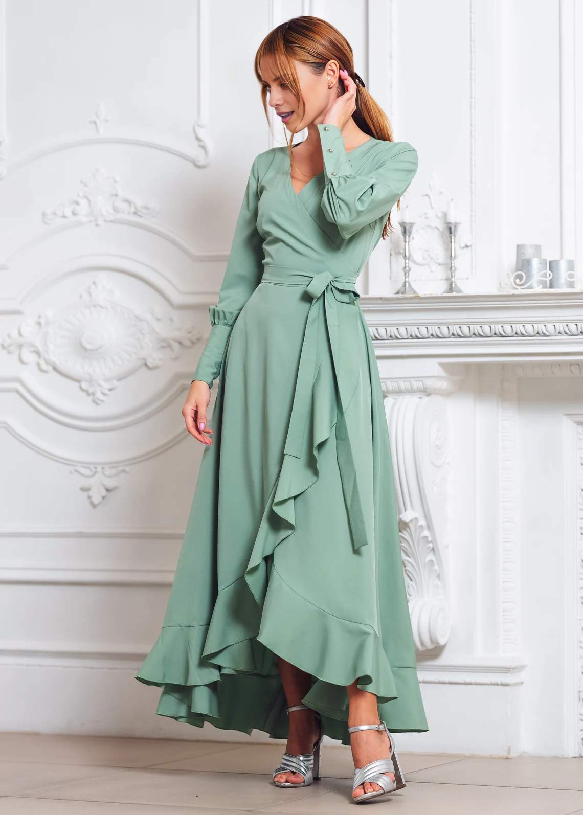 V-Neck Chiffon Long Sleeve Ruffled Prom Dress - Chloe Dress