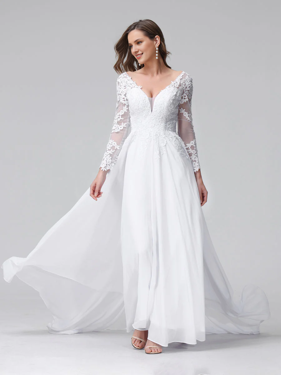 A-Line V-Neck Chiffon Long Sleeve Applique Wedding Dress - Chloe Dress