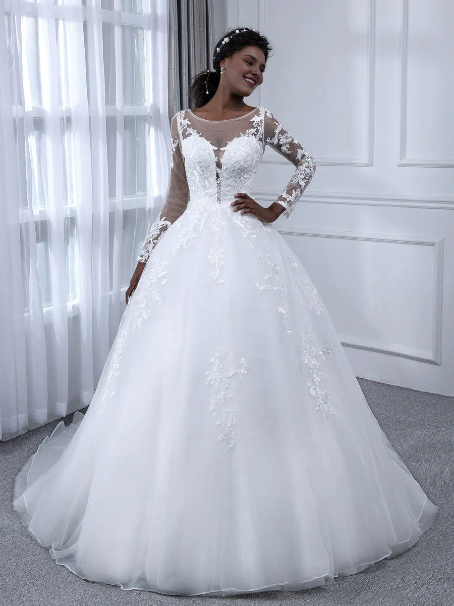 Ball Gown Chiffon Long Sleeve Applique Wedding Gown - Chloe Dress