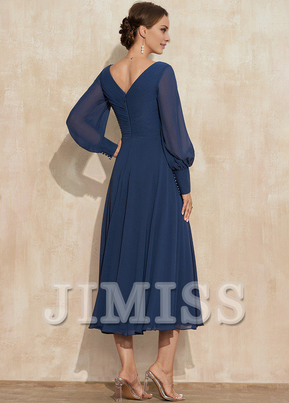 A-Line V-Neck Chiffon Pleated Tea-Length Wedding Dress - Chloe Dress