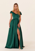A-Line Off-Shoulder Satin Short Sleeve High Slit Mini Wedding Dress - Chloe Dress