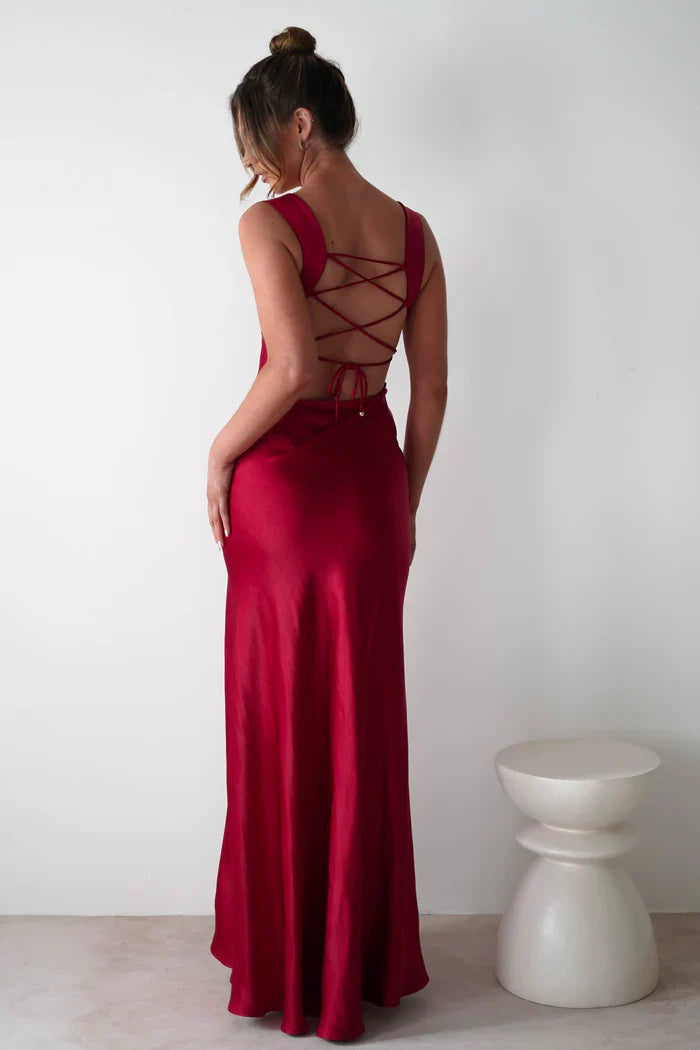 Square Neck Satin Sleeveless Lace-Up Back High Slit Floor-Length Prom Dress - Chloe Dress