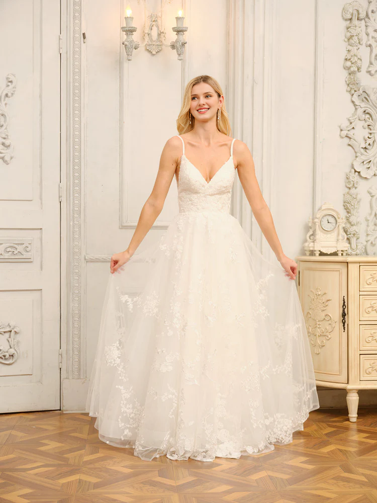 A-Line V-Neck Sleeveless Applique Wedding Dress - Chloe Dress