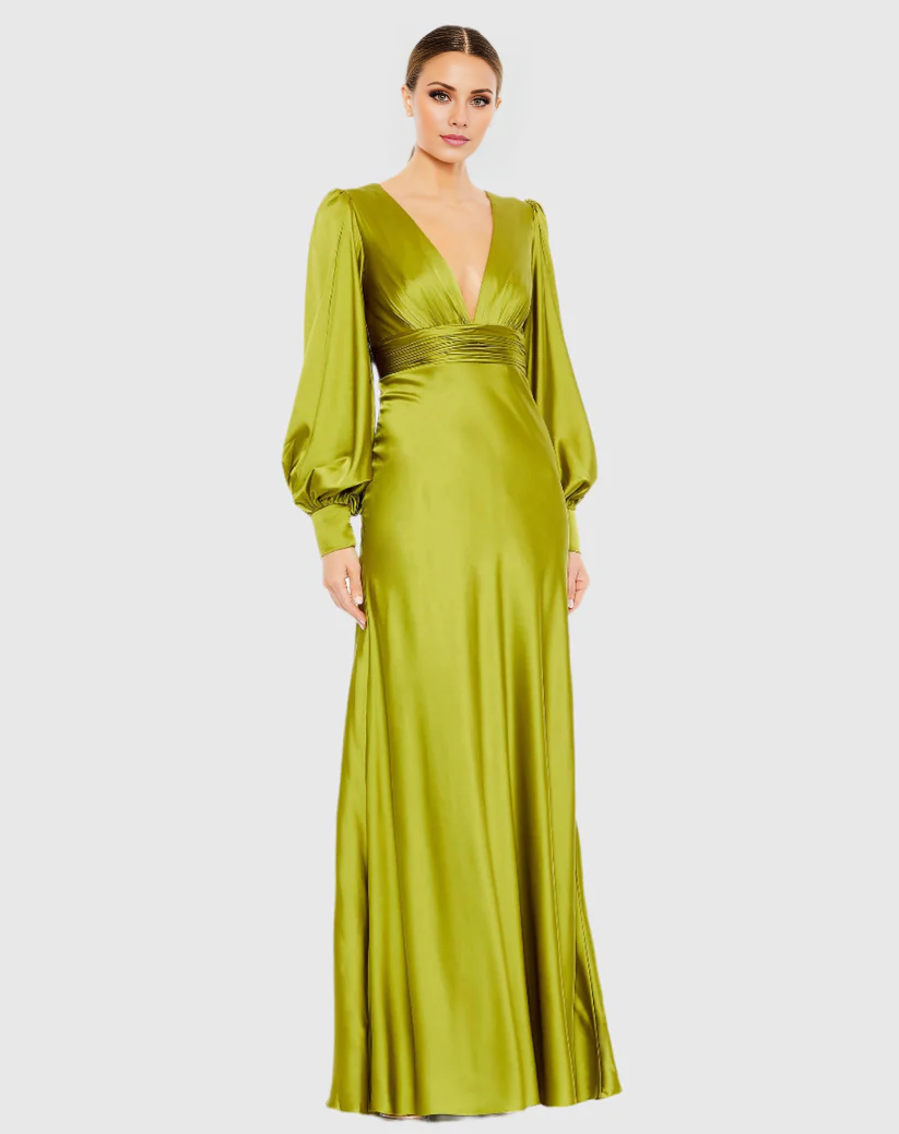 V-Neck Satin Long Sleeve Floor-Length Evening Dress - Chloe Dress