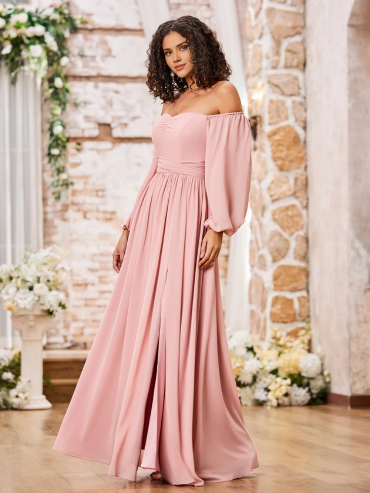 A-Line Off-Shoulder Chiffon High Slit Floor-Length Wedding Dress - Chloe Dress