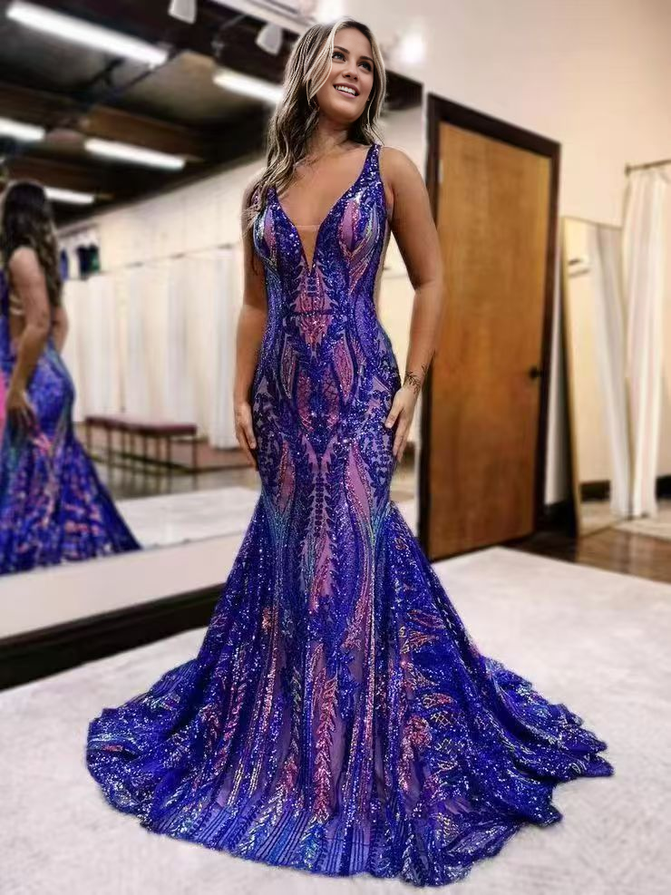 Blue Mermaid V-Neck Lace Ball Dress - Chloe Dress
