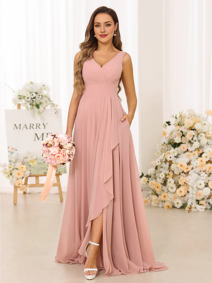 Blush Pink A-Line V-Neck Chiffon High Slit Floor-Length Wedding Dress - Chloe Dress