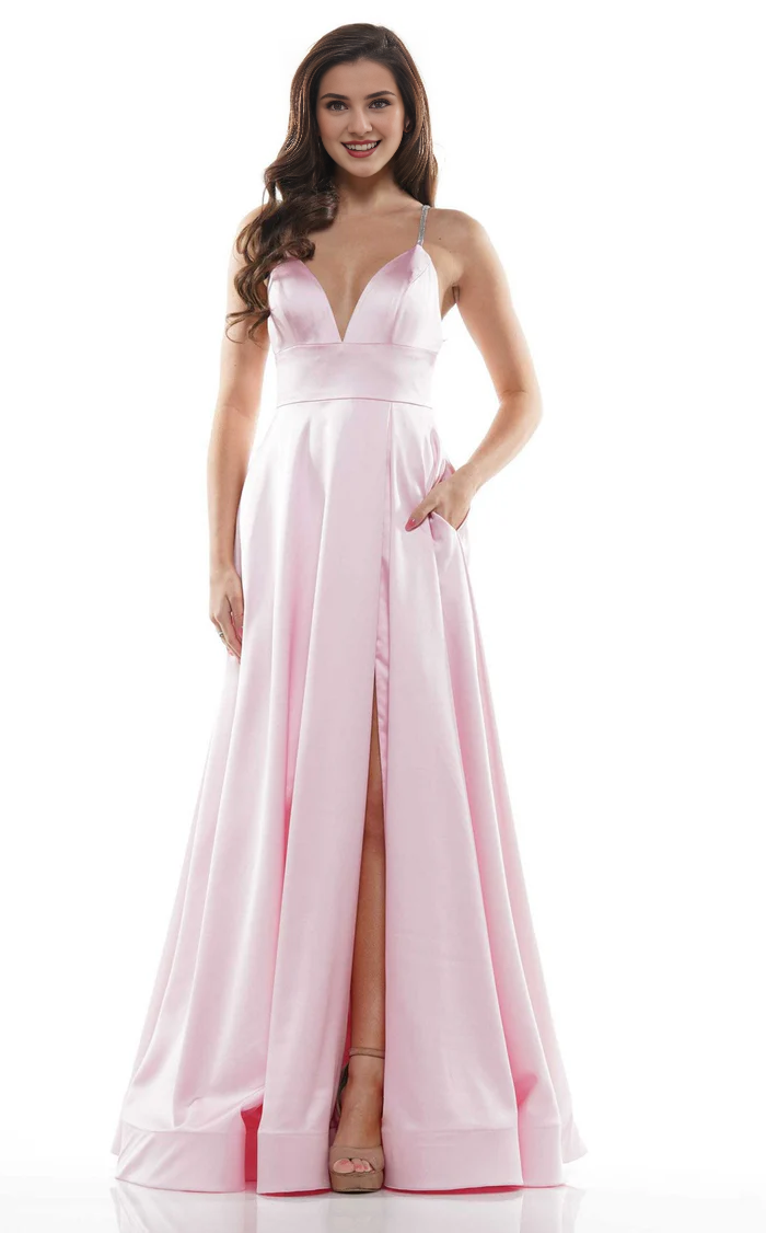 A-Line V-Neck Sleeveless Lace-Up Back High Slit Floor-Length Evening Gown - Chloe Dress