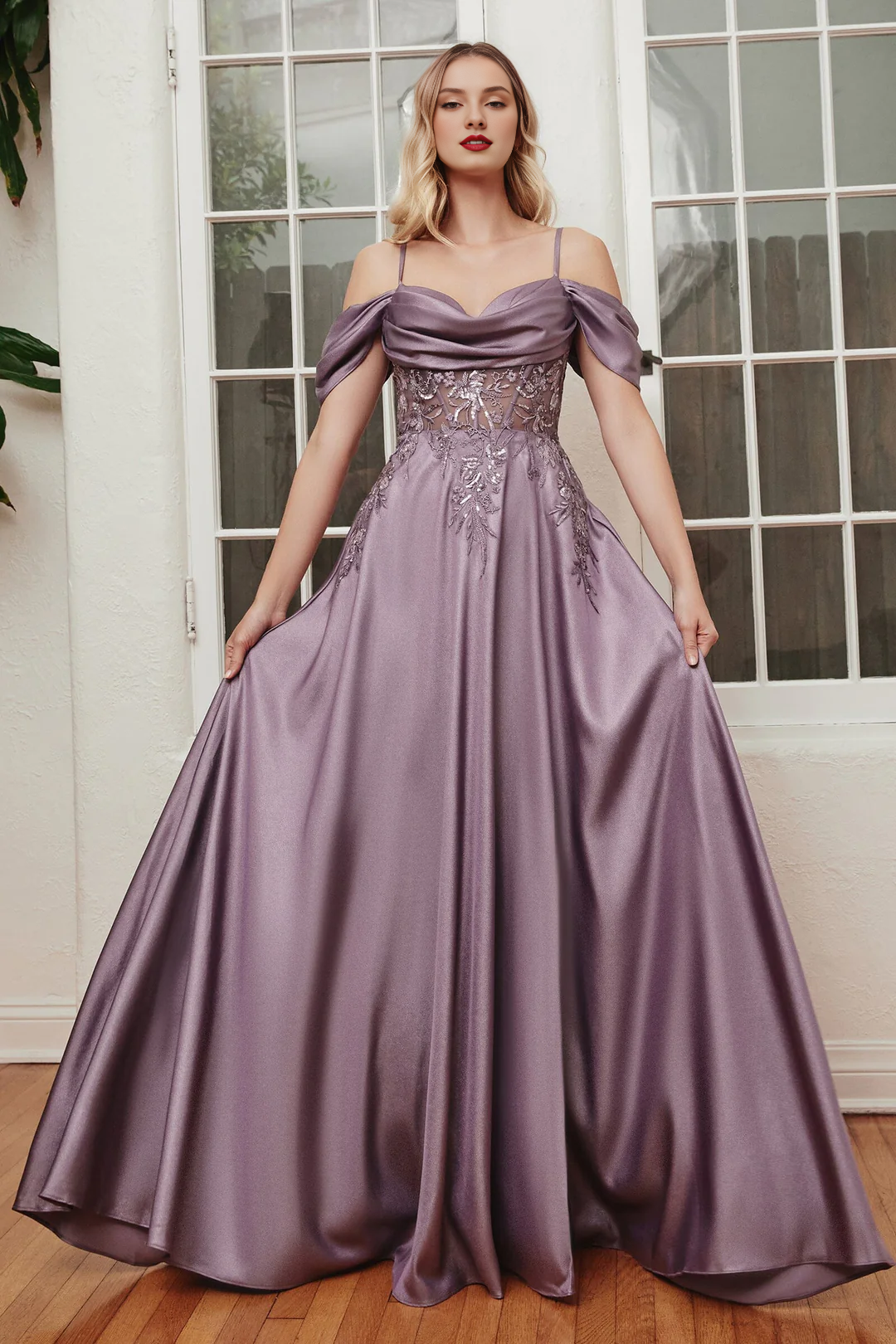 Off-Shoulder Satin Embroidered Dress - Chloe Dress
