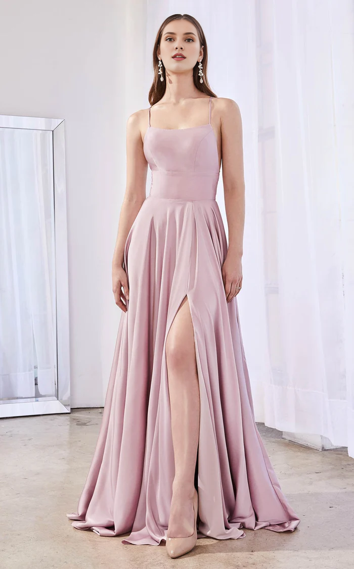A-Line Square Neck Sleeveless Lace-Up Back High Slit Floor-Length Evening Gown - Chloe Dress