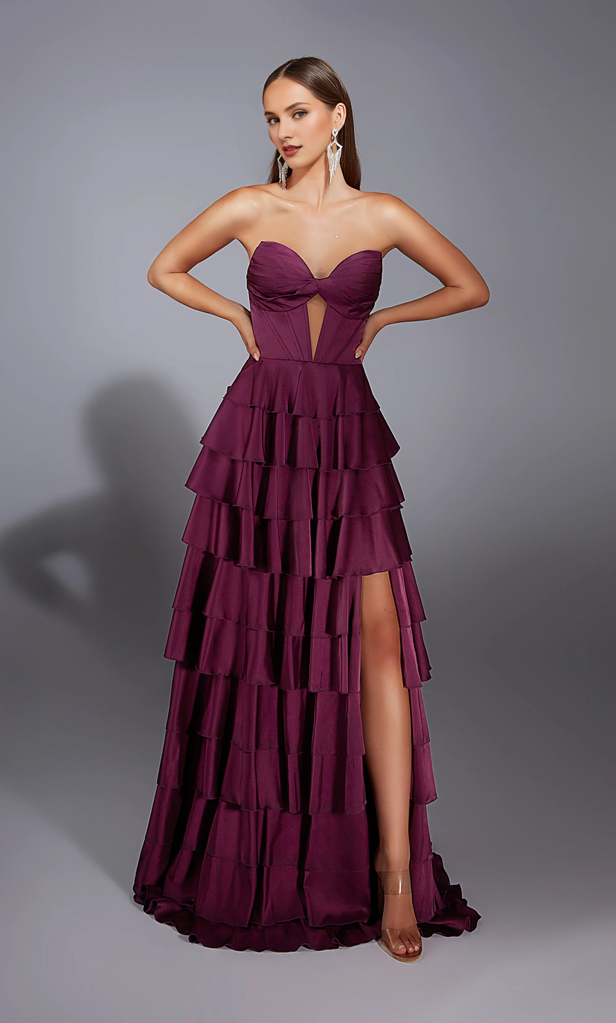 A-Line V-Neck Satin Lace-Up Back High Slit Evening Gown - Chloe Dress