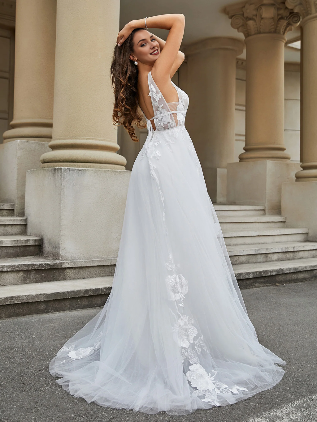 V-Neck Chiffon Applique Wedding Dress - Chloe Dress
