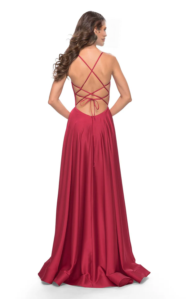A-Line V-Neck Satin Backless High Slit Floor-Length Evening Dress - Chloe Dress