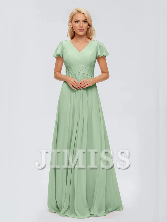 A-Line V-Neck Chiffon High Slit Floor-Length Wedding Dress - Chloe Dress