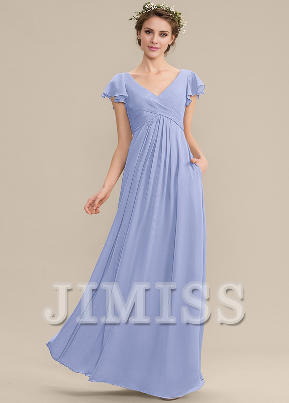 A-Line V-Neck Chiffon Ruffled Floor-Length Wedding Dress - Chloe Dress