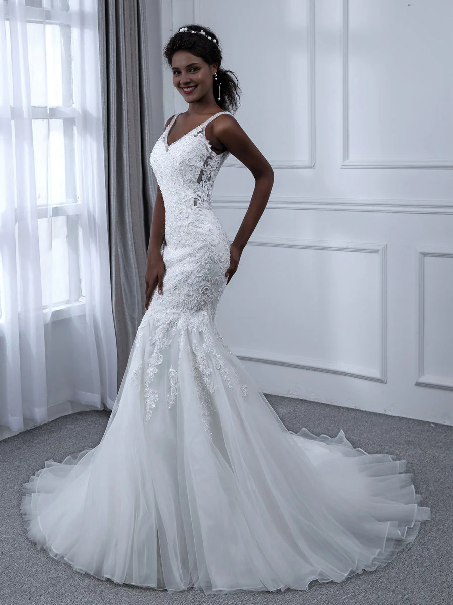V-Neck Sequin Sleeveless Beaded Wedding Dress - Chloe Dress