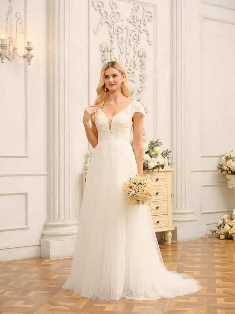 V-Neck Short Sleeve Applique Mini Wedding Dress - Chloe Dress