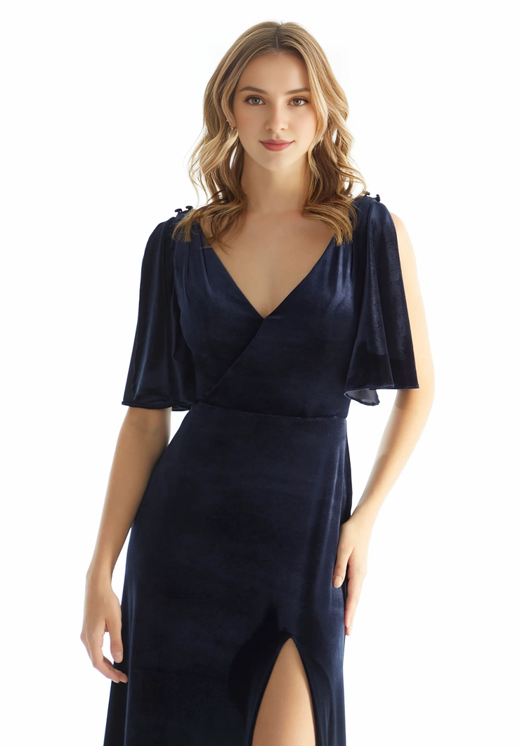 V-Neck Satin Short Sleeve Zipper Back Floor-Length Dress - Chloe Dress
