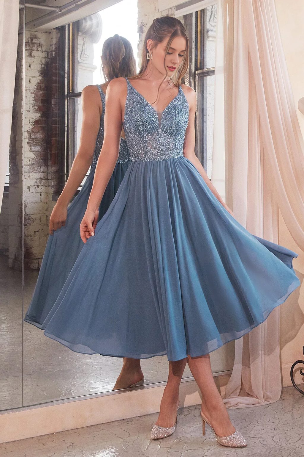A-Line V-Neck Chiffon Sleeveless Tea-Length Dress - Chloe Dress