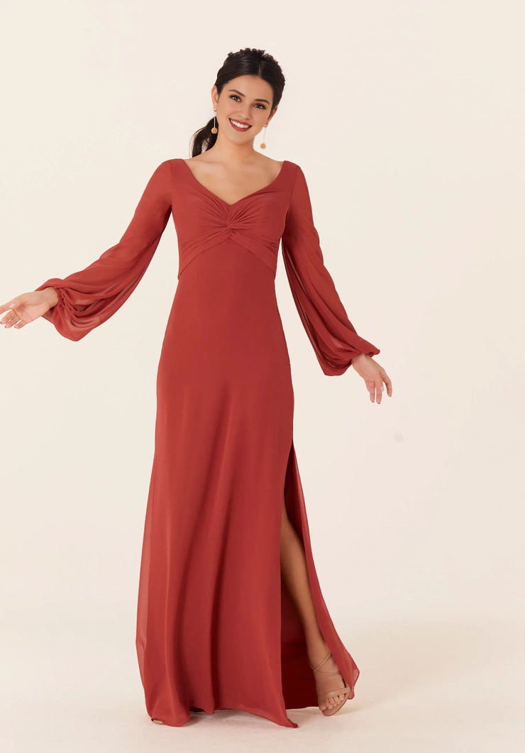 V-Neck Bishop Sleeve Lace-Up Back High Slit Wedding Dress - Chloe Dress